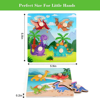 Wooden Peg Puzzles for Toddlers 1-3, Kids Educational Preschool Peg Puzzle Toy Ages 2-4, Set of 4 Dinosaur Toddler Puzzles, Ideal Gift for Ages 1 2 3 4 Boys and Girls
