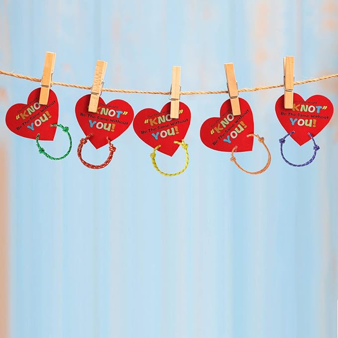 50 Pieces Valentines Knot Bracelets with Cards Kids Nylon Bracelet with Greeting Card Wishes Woven Friendship Bracelets for Valentine's Day Party Favor Supplies