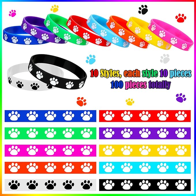 Funtery 100 Pcs Paw Print Rubber Bracelet Silicone Stretch Wristbands Dog Paw Silicone Bracelet Rubber Wristbands Dog Party Favors Birthday Party Supplies Decorations(Multicolor)