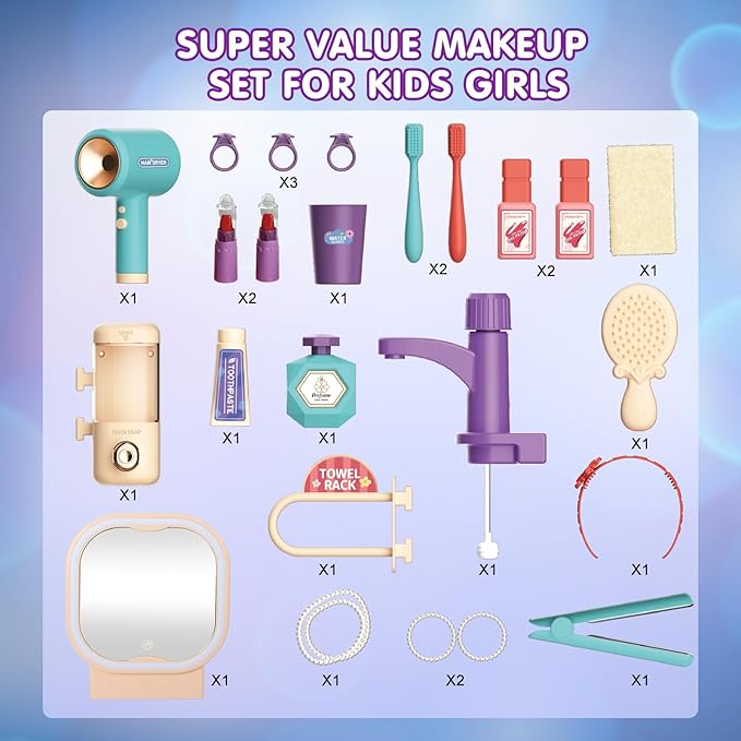 Pretend Play Girls Makeup Table Set with Stool,Kids Vanity Set with LED Lighted Mirror and Music，Toddler Beauty Salon Set with Makeup Accessories & Washbasin,Girls Vanity for Toddlers 3-5 Years Old