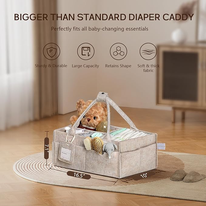 GEMII Diaper Caddy Organizer-Large Baby Caddy Organizer with Handle，Newborn Registry Essentials，Baby Shower Gift Basket for Boy or Girl(Oatmeal, Large)