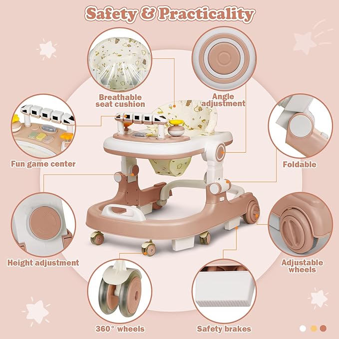 Baby Walker with Wheels, 4 in 1 Foldable Baby Walkers for Boys Girls 6-18 Months, 3 Level Height Adjustment with Bouncing, Feeding Tray & Music, Baby Walker with Activity Center, Toddler Push Walker
