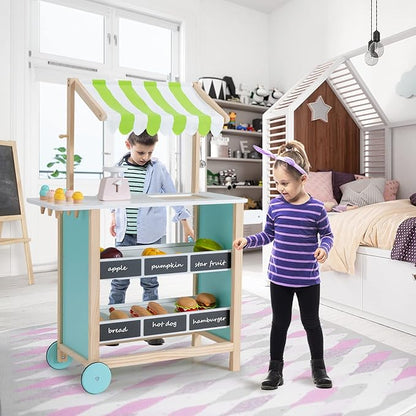 INFANS Wooden Grocery Store Marketplace Toy, Supermarket Pretend Play, Extra Storage 6 Ice Creams Scales Bells Chalkboards, Fun Indoor Farmer's Market Stand Set Gift for Ages 3+