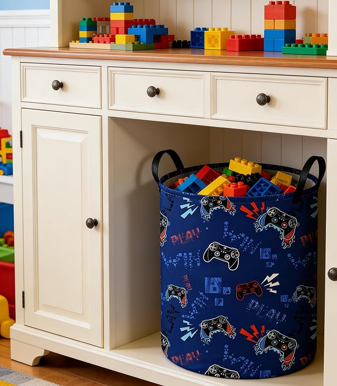 Game Laundry Basket Baby Hamper Dirty Clothes hamper Baby Nursery Hamper Gift Baskets Toy Storage Bin Boy Room Decor(Blue Games)