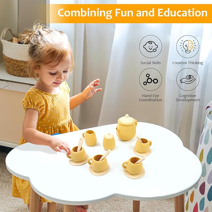 MCGMITT Tea Party Set for Little Girls, 15 Pcs Silicone Tea Set for Kids, Toddler Tea Set with Teapot Tea Cup Coasters Creamer Sugar Bowl Spoon, Pretend Play Toys for 3 4 5 6 Year Old Kids