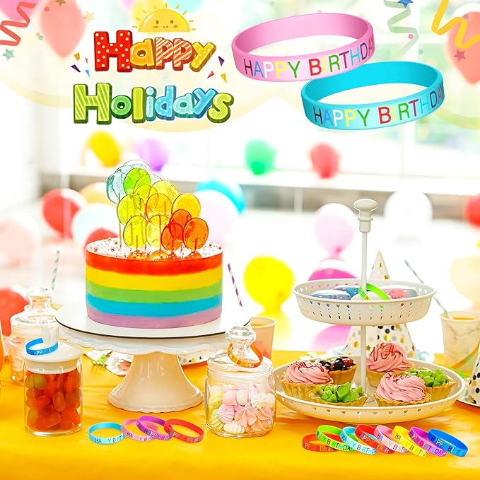 24 Pieces Happy Birthday Rubber Bracelets, Colored Silicone Stretch Wristbands Classroom Birthday Bracelets Party Favors Goodie Bag Stuffers for Teenagers Classroom Birthday Party Supplies
