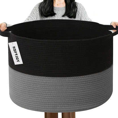 115L Large Blanket Basket,23.6"L x 23.6"W x 15.7"H Rope Woven Baskets with Handles, Toys Storage Bins,Laundry Basket Perfect for Living Room, Nursery,Bedroom,Home Organization,Black&Dark Grey