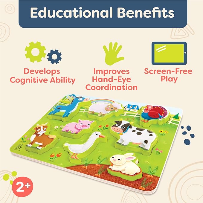 B. toys- Peek & Explore - Farm Animals- Wooden Puzzle – Chunky Puzzle for Toddlers, Kids – Farm Animal Puzzle – Cow, Sheep, Pig & More – 2 Years +