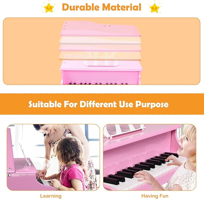 GLACER Classical Kids Piano, 30 Keys Wood Toy Grand Piano w/Bench Music Stand Full-Size Keys, Charming Tones & Sounds, Musical Instrument Educational Toy for Girls and Boys (3 Straight Leg-Pink)