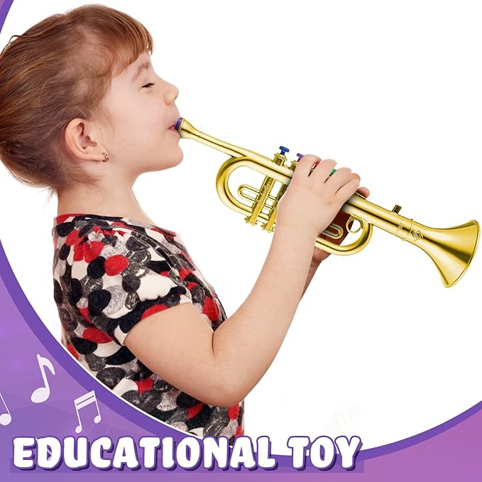 Lewtemi Gold Trumpet Musical Instruments Toy for Kid Toddler Fake Plastic Preschool Music Toy Gift Non-Professional Wind Instrument Early Educational Teaching Songs Gifts for Toddlers Children