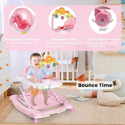Boyro Baby 5-in-1 Baby Walker, Baby Walkers for Boys Girls 6-12 Months, Foldable Activity Walker, Toddler Infant Walker with Bouncer, Adjustable Height, Removable Footrest, Feeding Tray, Music