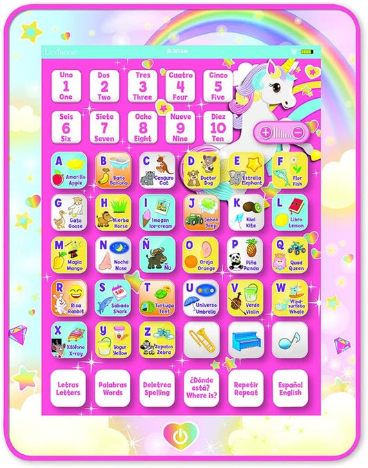 Lexibook Unicorn Educational Bilingual Interactive Learning Tablet, Toy to Learn Alphabet Letters Numbers Words Spelling and Music, English / Spanish Languages, Pink, JCPAD002UNIi2