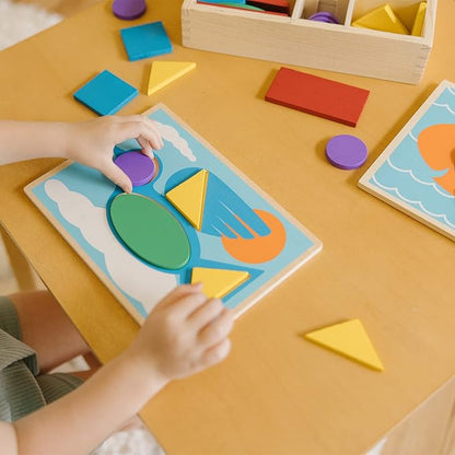 Melissa & Doug Beginner Wooden Pattern Blocks Educational Toy, 5 Double-Sided Scenes and 30 Shapes, 10.65” H x 10.65” W x 2.3” L (Beginning Skills and Activities)