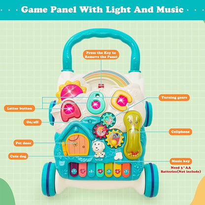 Sit-to-Stand Learning Walker 3 in1 Baby Walker Early Education Activity Center with Weight Design Sounds Music Phone Multifunctional Removable Play Panel Push Walker Toddler Toy Gift for Boys Girls