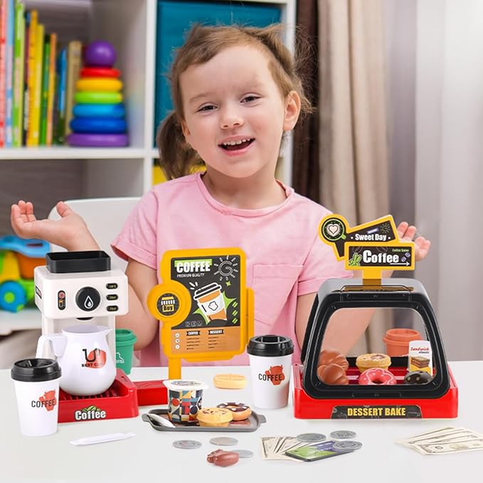 GAGAKU Toy Coffee Maker Machine and Cash Register Kit with Sound Light Kids Kitchen Pretend Play Sets Kitchen Appliances Toy for Boys Girls-Red