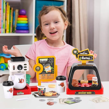 GAGAKU Toy Coffee Maker Machine and Cash Register Kit with Sound Light Kids Kitchen Pretend Play Sets Kitchen Appliances Toy for Boys Girls-Red