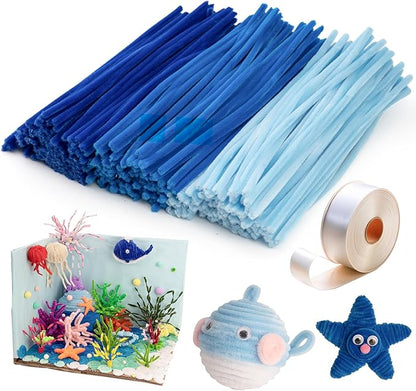 Caydo 300 Pieces Blue Pipe Cleaners, Thick Fluffy Chenille Stems, Pipe Cleaner Crafts for Arts & Crafts, Perfect for Making Animals, Flowers, and Mother's Day Decorations