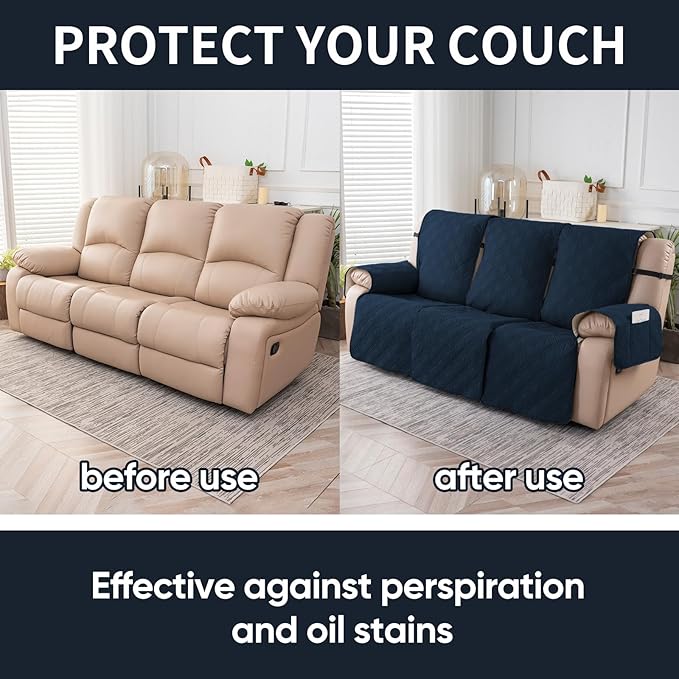 Easehomey Waterproof Recliner Sofa Cover,Non-Slip Reclining Sofa Covers for 3 Seat,Washable Reclining Sofa Cover Furniture Protector with Elastic Straps Pocket for Kids, Pets(Dark Blue,3Seat)