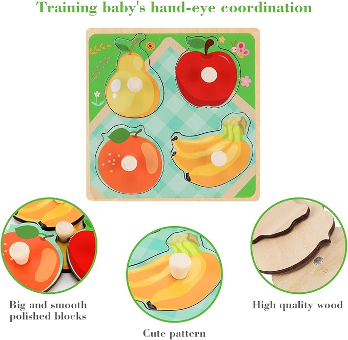 Wooden Peg Puzzles for Toddlers 1-3, Kids' Educational Preschool Peg Puzzle Toy, Set of 4 Toddler Puzzles - Farm, Dinosaur, Fruit and Marine Animals, Ideal Gift for Ages 1 2 3 Boys and Girls