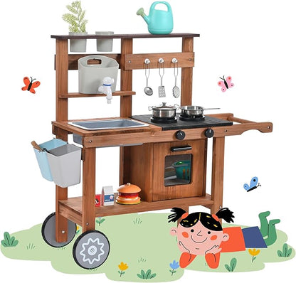 Mud Kitchen for Kids Outdoor,Wooden Play Kitchen with Removable Sink, Faucet,Storage Shelves, Backyard Garden Toddler Kitchen Playest, Kitchenware, Stove, Gift for Boys and Girls