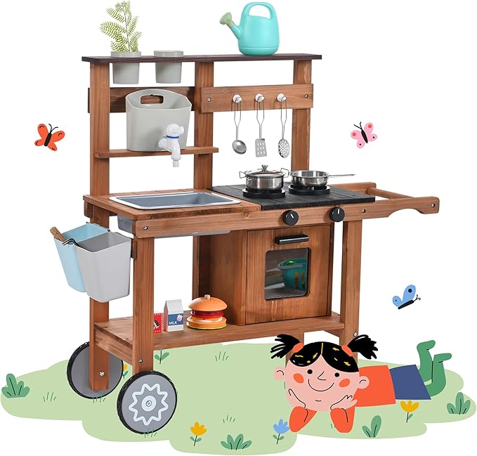 Mud Kitchen for Kids Outdoor,Wooden Play Kitchen with Removable Sink, Faucet,Storage Shelves, Backyard Garden Toddler Kitchen Playest, Kitchenware, Stove, Gift for Boys and Girls