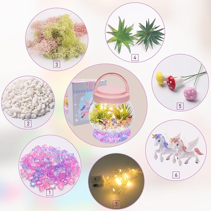 Unicorn Terrarium Kit for Kids, Birthday Gifts for Girls, Unicorn Toys, LED Night Light Up & Remote, DIY Unicorn Arts and Crafts Kit for Kids Age 4 5 6 7 8-12 Year Old