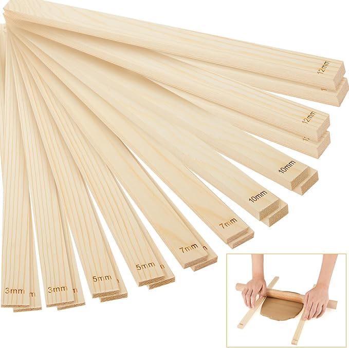 Sasylvia 20 Pcs Pottery Rolling Pin Guides Wood Teaching Rolling Mud Stick Guide Set Polymer Clay Depth Guide Pottery Tools Clay Mudboard Tools (5 Size,Wood Color)