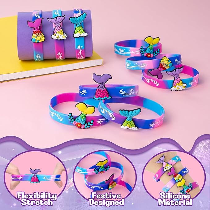 Mermaid Party Favors 30 Pcs Silicone Wristband Slap Bracelets Goody Bag Favors for Boys Girls Mermaid Birthday Party Under The Sea Themed Baby Shower Supplies