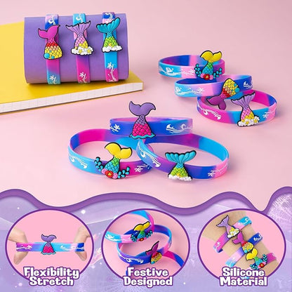 Mermaid Party Favors 30 Pcs Silicone Wristband Slap Bracelets Goody Bag Favors for Boys Girls Mermaid Birthday Party Under The Sea Themed Baby Shower Supplies