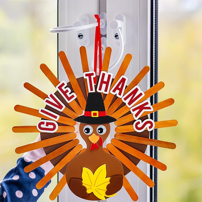 Winlyn 12 Sets Thanksgiving Wreath Signs Decorations Art Sets DIY Give Thanks Thanksgiving Craft Kits Fall Crafts Wood Craft Sticks Turkey Foam Stickers Googly Eyes for Kids Party Classroom Activities