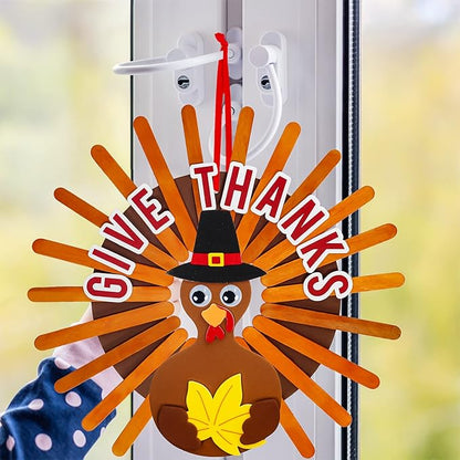 Winlyn 12 Sets Thanksgiving Wreath Signs Decorations Art Sets DIY Give Thanks Thanksgiving Craft Kits Fall Crafts Wood Craft Sticks Turkey Foam Stickers Googly Eyes for Kids Party Classroom Activities