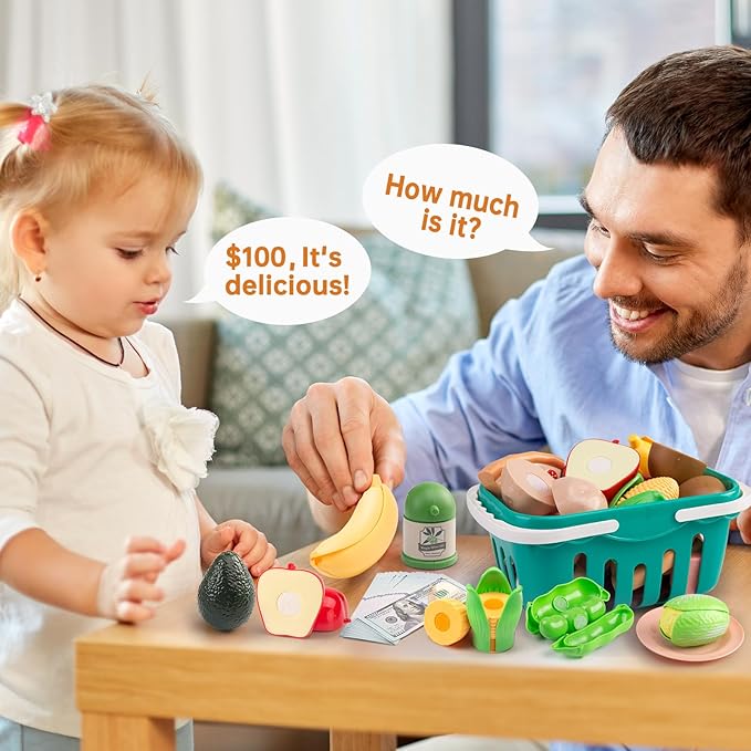 150Pcs Kitchen Playset, Toddlers Pretend Cooking Cookware Accessories, Food, Picnic Blanket, Fruits, Veges, 2Pack Shopping Storage Basket, Dessert and Prop Money, Gift for Kids (White)