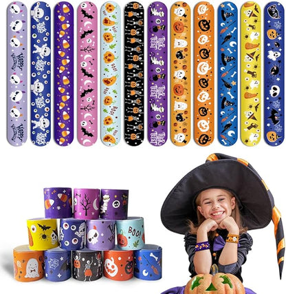 FOIMAS 48pcs Halloween Slap Bracelets,Halloween Snap Bracelet Pumpkin Witch Wristband for Kids Halloween Trick or Treat Bag Filler Party Favor Supply