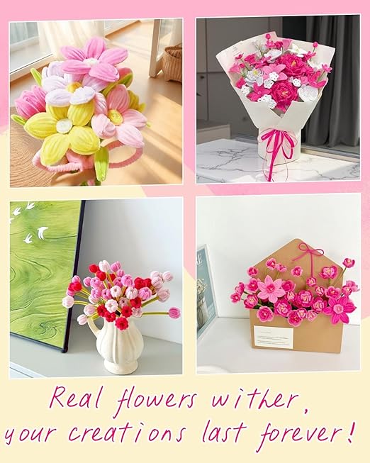 500 Pcs Gradient Pink Pipe Cleaners Flower kit,Chenille Stems for DIY Art Projects Creative Gift,Pipe Cleaners Craft with tutoria,Pearls,Pompoms,Green Floral Wires,Gardening Tape,Stamen