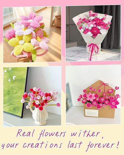 500 Pcs Gradient Pink Pipe Cleaners Flower kit,Chenille Stems for DIY Art Projects Creative Gift,Pipe Cleaners Craft with tutoria,Pearls,Pompoms,Green Floral Wires,Gardening Tape,Stamen