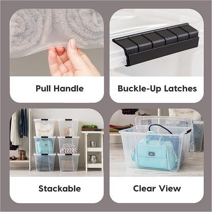 IRIS USA 54 Qt Stackable Plastic Storage Bins with Lids, 12 Pack - BPA-Free, Made in USA - See-Through Organizing Solution, Latches, Durable Nestable Containers, Secure Pull Handle - Clear