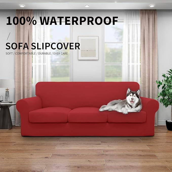 Easy-Going 100% Dual Waterproof Stretch Soft Couch Cover for Dogs, Sofa Slipcover for 3 Separate Cushion Couch Leakproof Furniture Protector for Kids, Pets Christmas Red