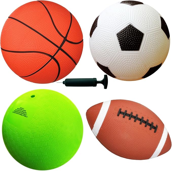 AppleRound Pack of 4 Sports Balls with Pump for Kids and Teens - 1 Each of 8.5-Inch Soccer, Basketball, Playground Ball, and 9-Inch Football