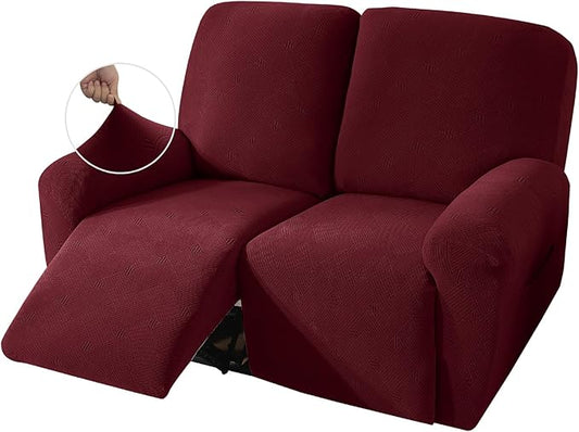JIVINER Loveseat Recliner Covers, Jacquard 4 Piece Recliner Sofa Cover with Pockets Washable Lazy Boy Reclining Couch Protector with Elastic Bottom (Recliner Loveseat, Wine Red)
