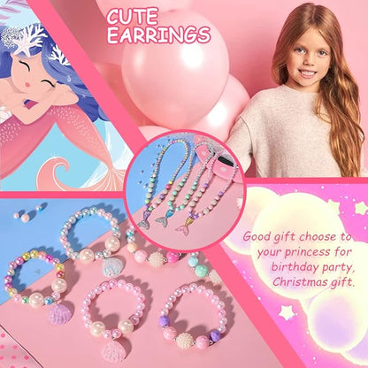PinkSheep Mermaid Beaded Necklace Bracelets for Kids, Little Girl Mermaid Pearl Jewelry Sets, 6 Pack 12pc, Favors Bags for Party