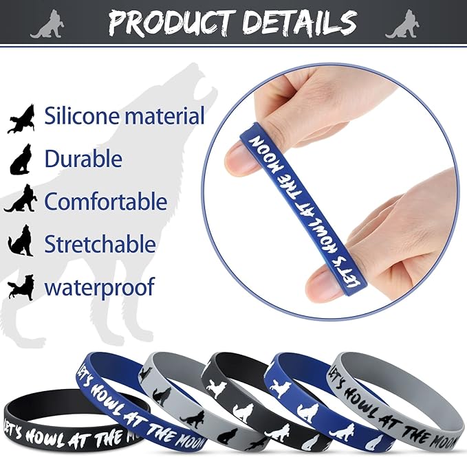 Junkin 30 Pieces Wolf Themed Party Rubber Bracelets,Silicone Wolf Animal Printed Baby Shower Wristbands Wolf Birthday Party Supplies for Boy Girl Animal Themed Parties (Let's Howl at The Moon)