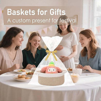 JMvicyroam Woven Basket,Small Rope Storage Bin with Handles & Ribbon Bag, Organizer for Shelves Closets,Gift Basket Empty for Birthday,Books,Dog Toys, White&Brown Block/3 Pack