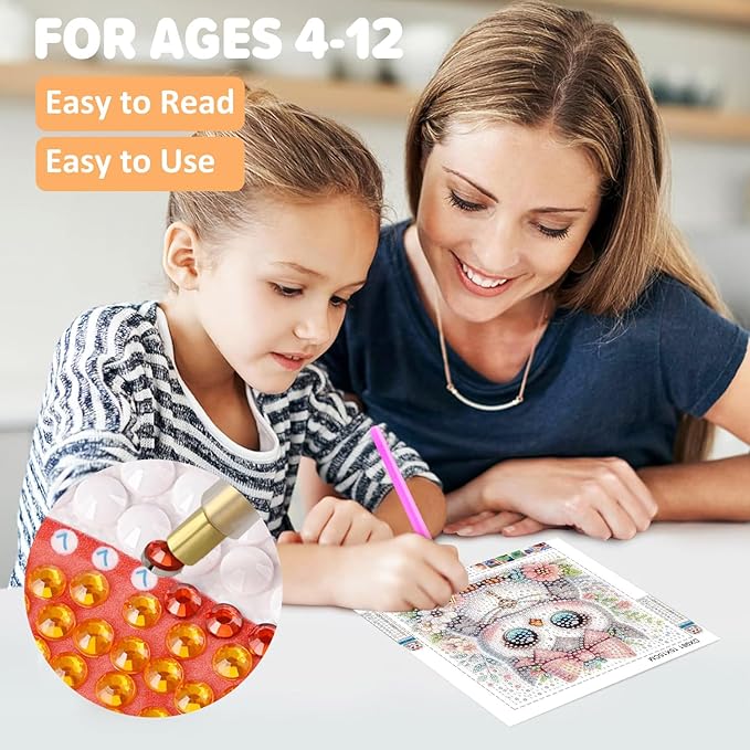 Aestalrcus Diamond Art for Kids Cartoon, Owl Diamond Painting Kits for Kids Ages 4-8-12, Easy Crystal Gem Art for Kid Gift Home Wall Decor 6x6inch(with Frame)