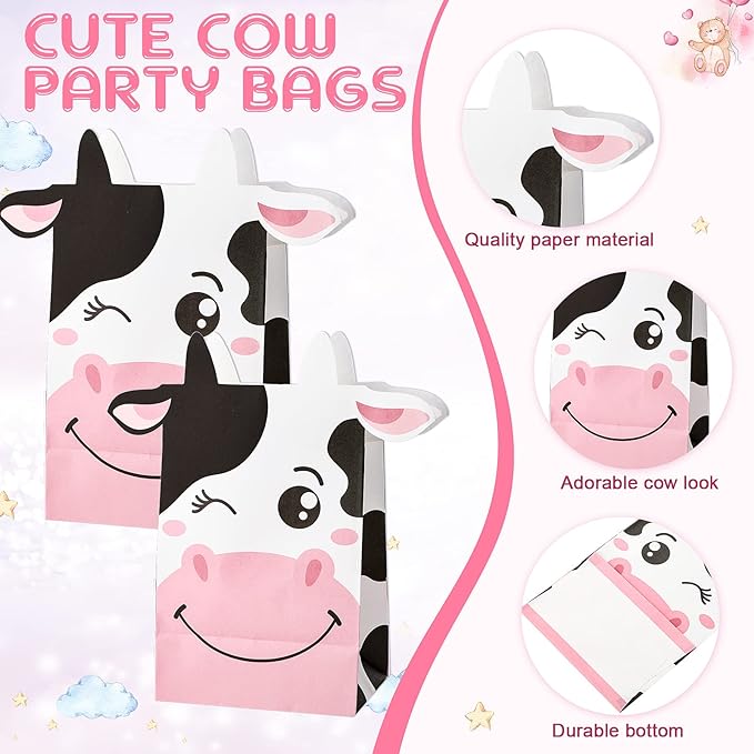 122 Pcs Cow Party Favors Supplies Include Cow Keychains Cow Silicone Bracelets Cow Party Paper Bags Treat Bags Cow Vinyl Stickers for Girls Kids Cow Farm Animals Cowboy Birthday Party Supplies