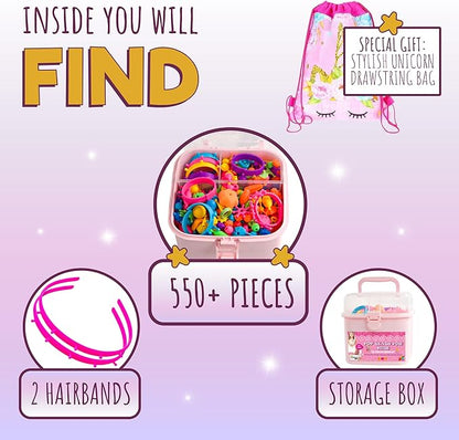 Orian Pop Beads Jewelry Making Kit for Girls, 550+ Piece Set for Girls Ages 3 and Up,Colorful Snap Beads,Bracelet,Necklaces and Rings Unicorn Gift Bag