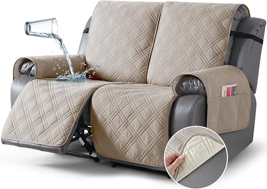 TAOCOCO 100% Waterproof Oversized Recliner Loveseat Cover, Non Slip Extra Wide Recliner Covers with Straps for Reclining Loveseat for Kids Pets, Spilt Cover(2 Seater Oversized, Cream)