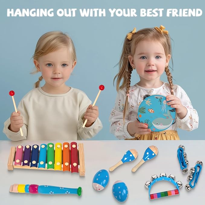 Wooden Musical Instruments Set for Toddlers 1-3, Natural Wood Percussion Instruments Xylophone Gift Set for Girls Boys Kids ,Preschool Educational Musical Toys with Storage Bag