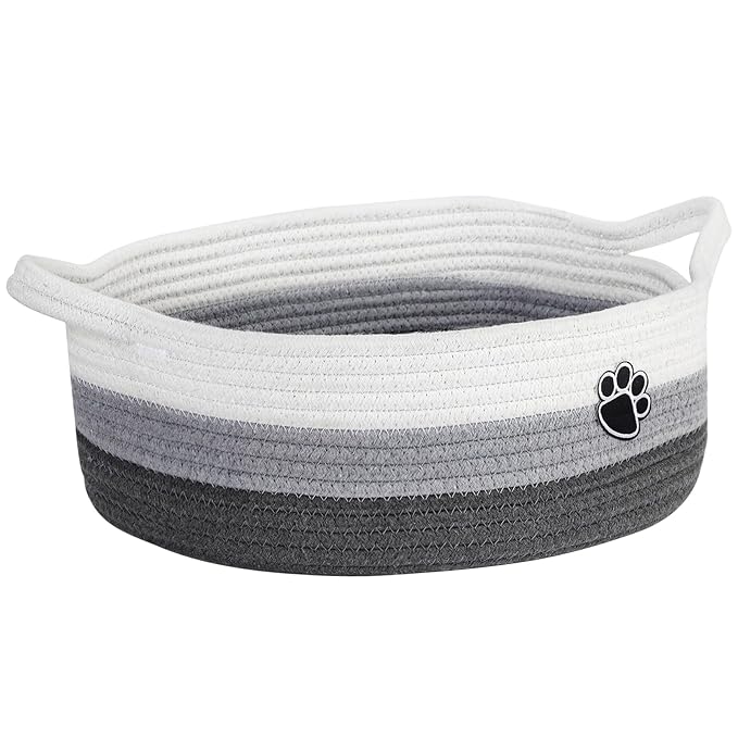 Optish Dog Toy Easter Basket, Toy Box and Bin for Dog Cat Storage, 13.5" X 11" X 5" Small Woven Rope Basket for Baby Storage, Closet, Living Room, White & Grey
