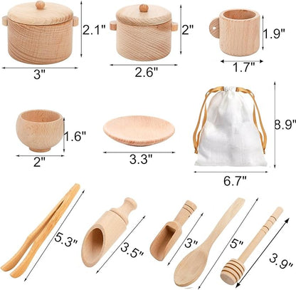Hiceeden Set of 11 Wooden Sensory Bin Tools for Kids, Sensory Scoops and Tongs Toys with Bag, Waldorf Montessori Toys for Fine Motor Skill Learning