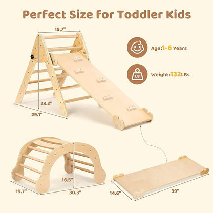 YOLEO 7-in-1 Pikler Triangle Set, Large Wooden Climbing Toys for Toddlers 1-3 Inside, Montessori Fun Toddler Climbing Toys Indoor Playground and Jungle Gyms Playset,Easy-Fold Pikler Triangle (Natural)